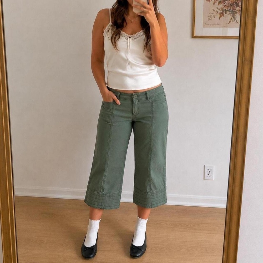 Olive Green Utility Capri Pants Relaxed Fit Women 7 Streetwear Gorpcore Low Rise